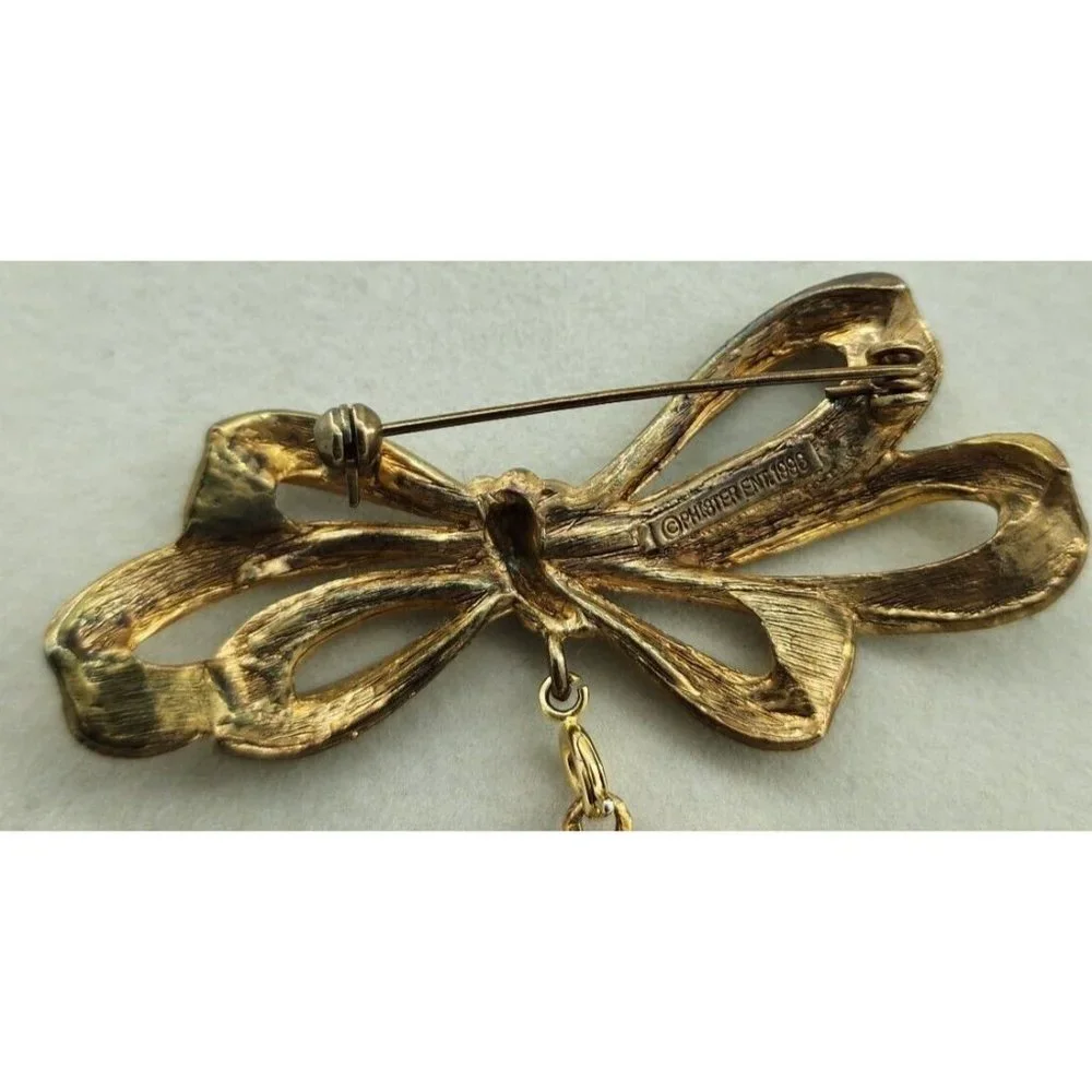 Vintage 2 Piece Set Of PHISTER Bow Brooch With Holiday Santa Charm 3” Gold Toned